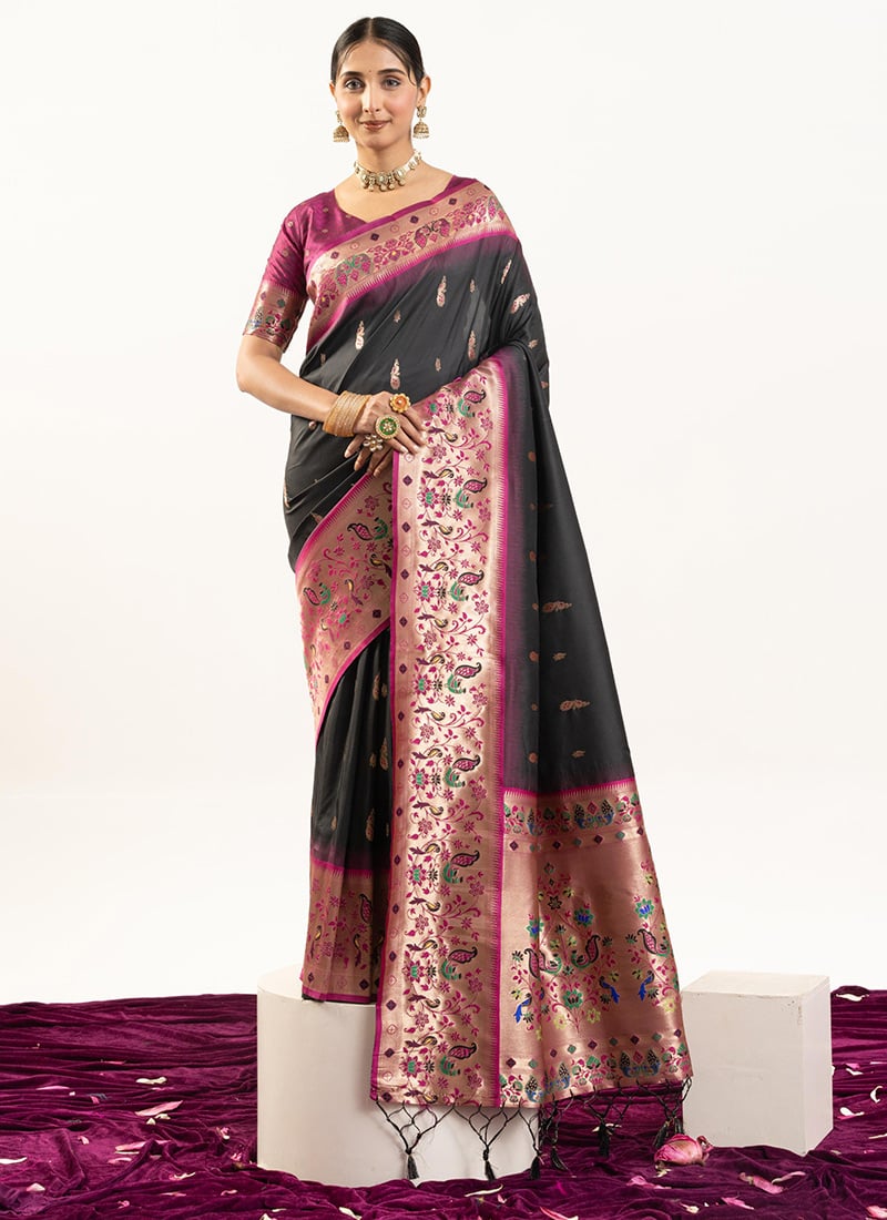 Black Soft Banarasi Silk Zari Jacquard Saree Festive Wear