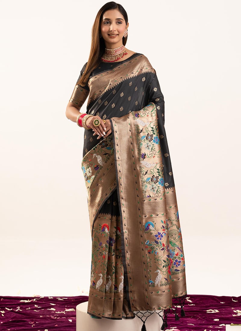 Black Soft Banarasi Silk Zari Woven Saree Festive Wear