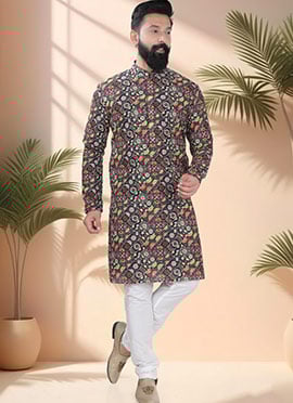 Black Soft Cotton Embroidered Sequins And Printed Kurta Pyjama