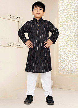 Black Soft Cotton Sequins Kids Boys Kurta Pyjama