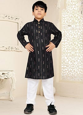 Black Soft Cotton Sequins Work Kids Boys Kurta Pyjama