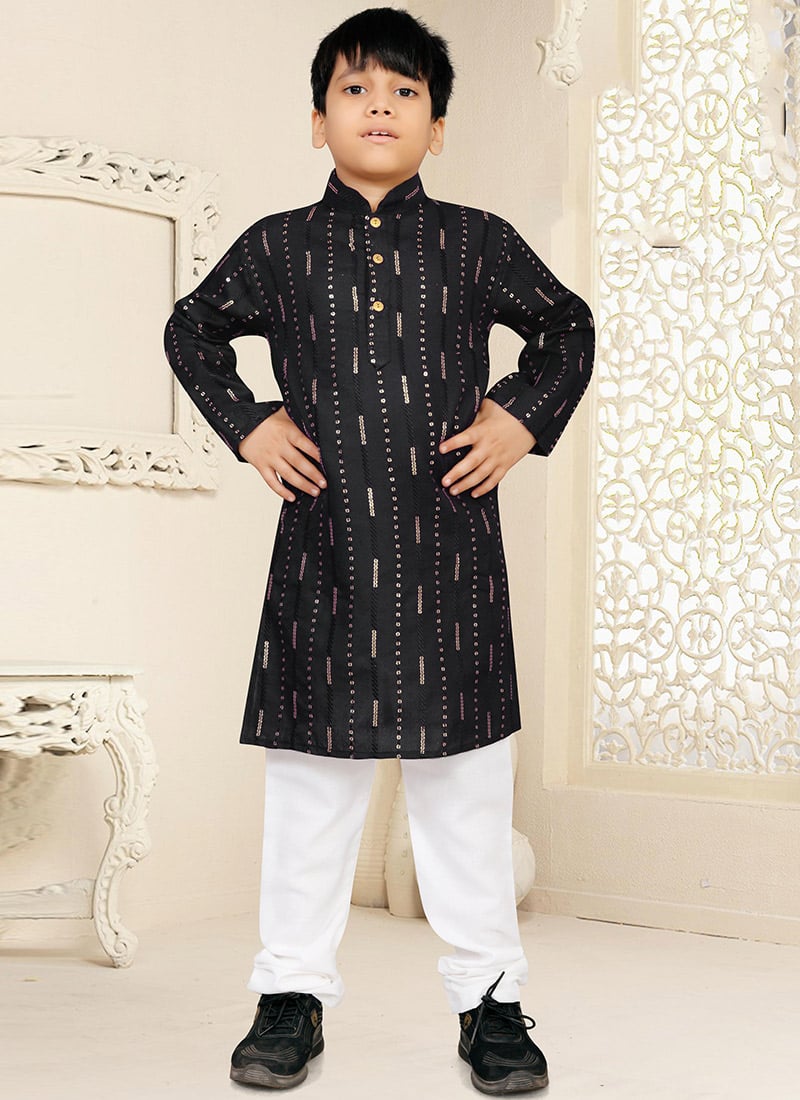 Black Soft Cotton Sequins Work Kids Boys Kurta Pyjama