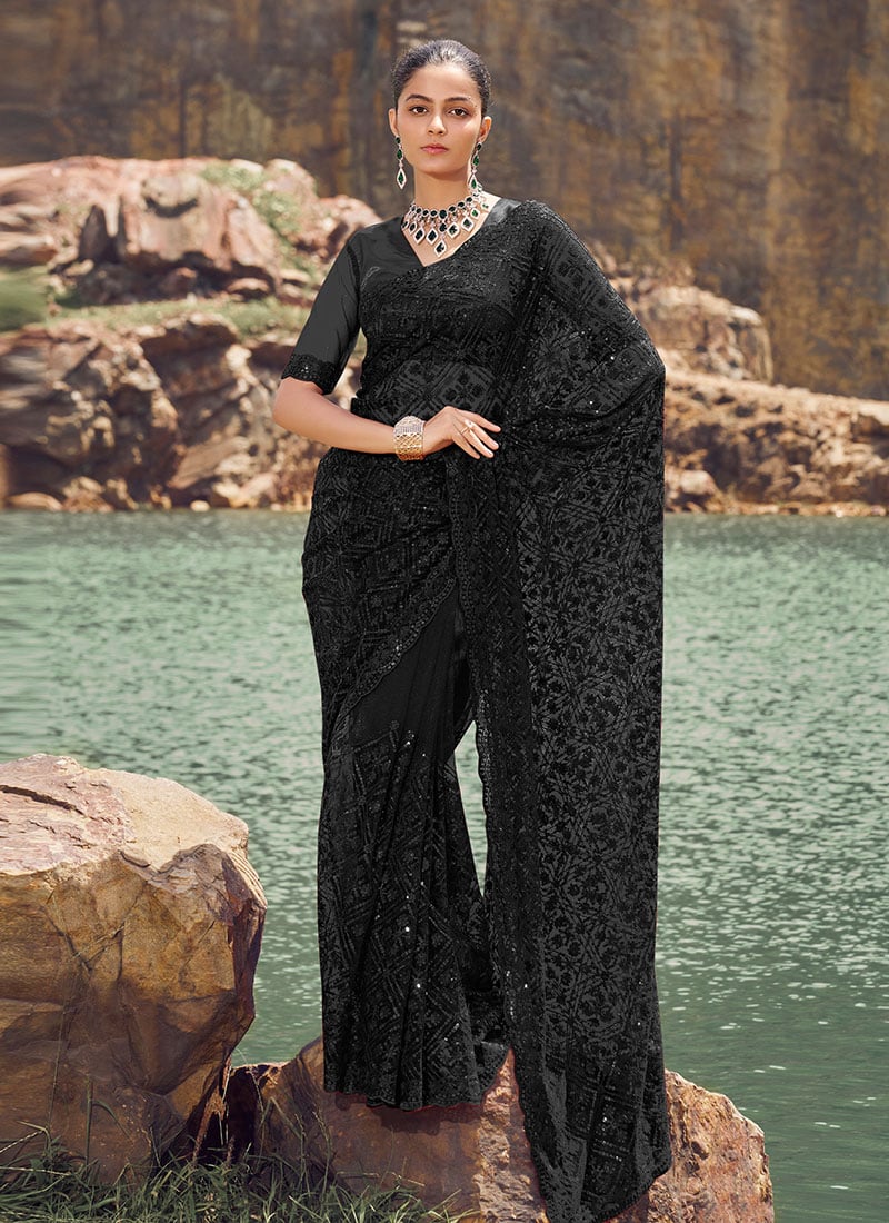 Black Soft Net Embroidered Sequins Saree Festive Wear