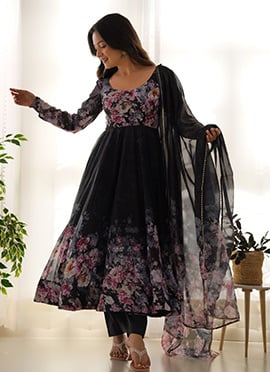 Black Soft Organza Floral Digital Print Anarkali Suit A Captivating Charm