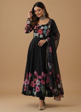 Black Soft Organza Silk Digital Print Anarkali Suit