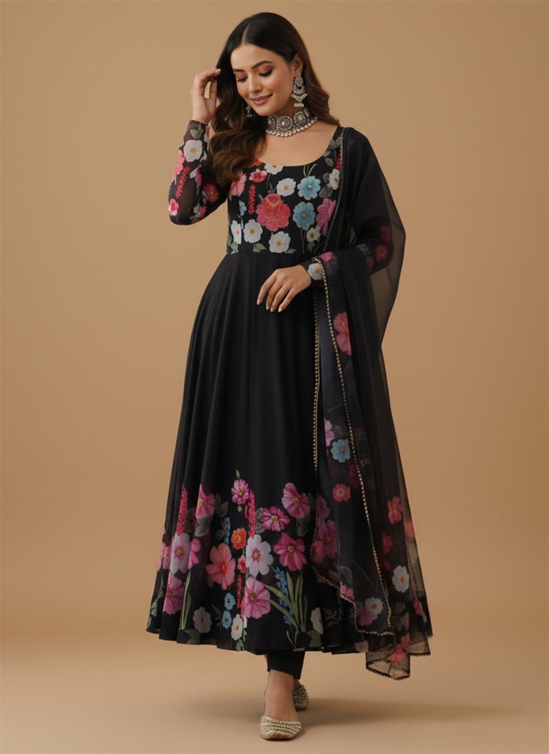 Black Soft Organza Silk Digital Print Anarkali Suit After Six Wear