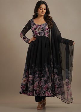 Black Soft Organza Silk Printed Anarkali Suit