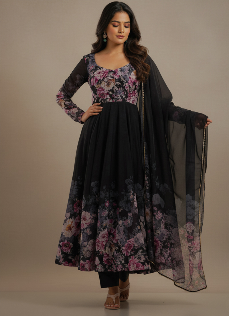 Black Soft Organza Silk Printed Anarkali Suit After Six Wear