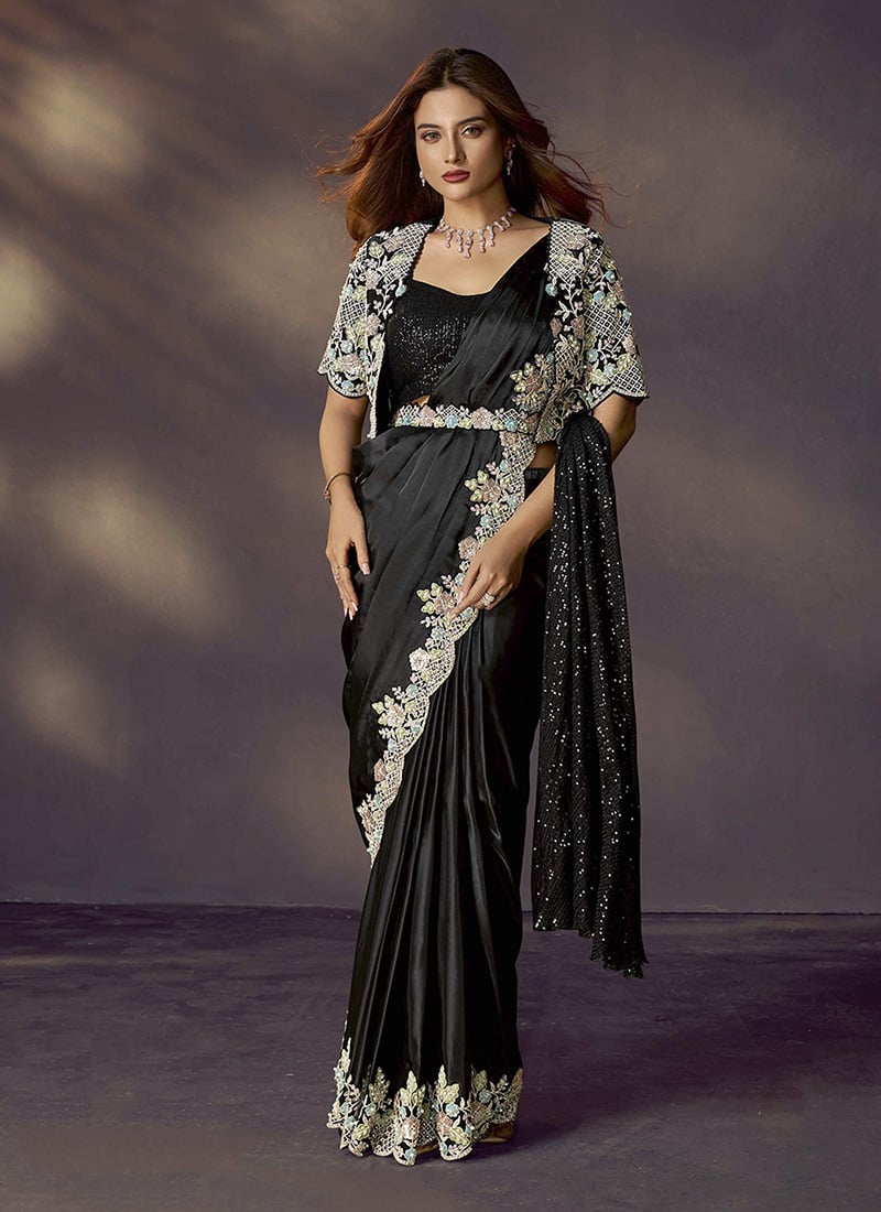 Black Soft Satin Silk Hand Embroidered Jacket Style Pre Draped Saree Wedding Wear