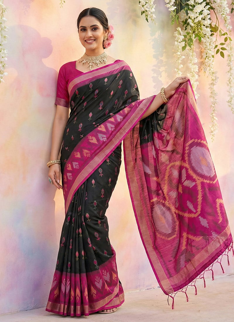 Black Soft Silk Ikkat Print Saree Festive Wear