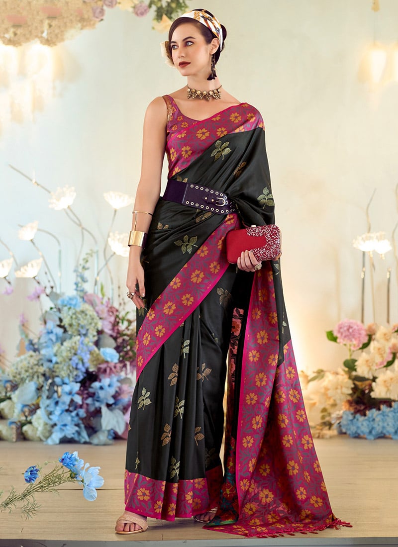 Black Soft Silk Jacquard Woven Saree Festive Wear