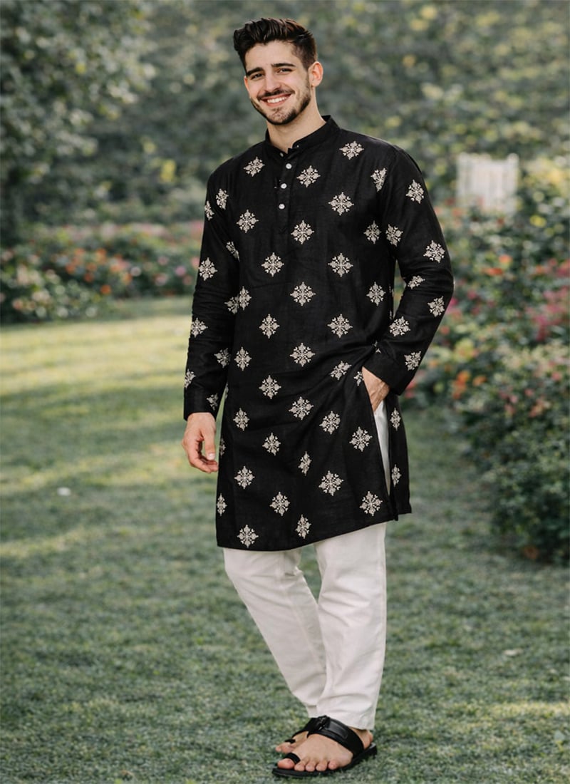 Black Soft Silk Sequins Kurta Pyjama Festive Wear
