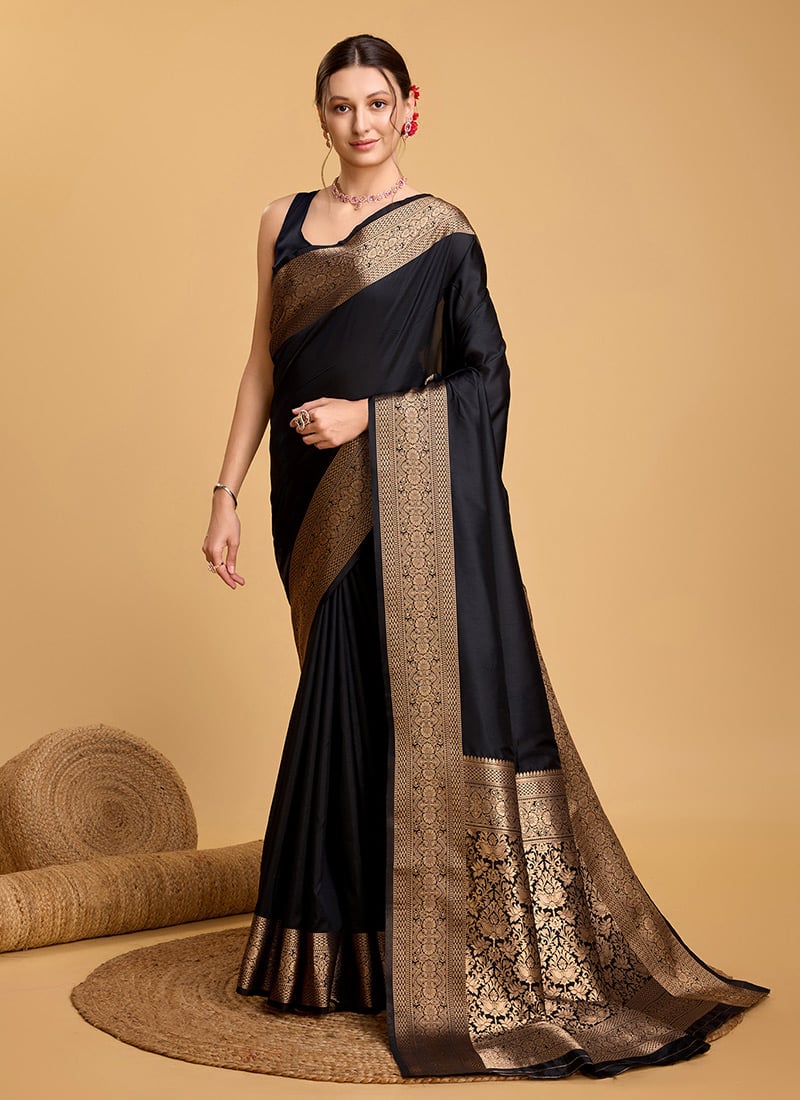 Black Soft Silk Zari Woven Classic Saree Festive Wear