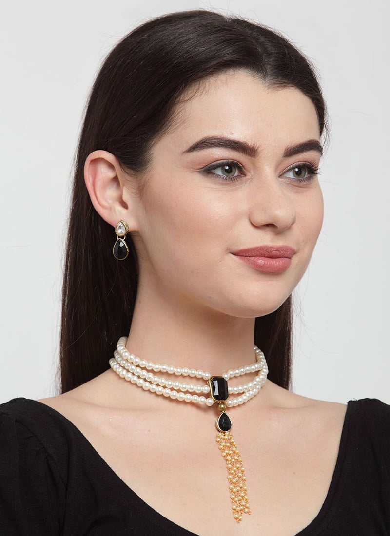 Black Stone Pearl Golden Plated Choker Set