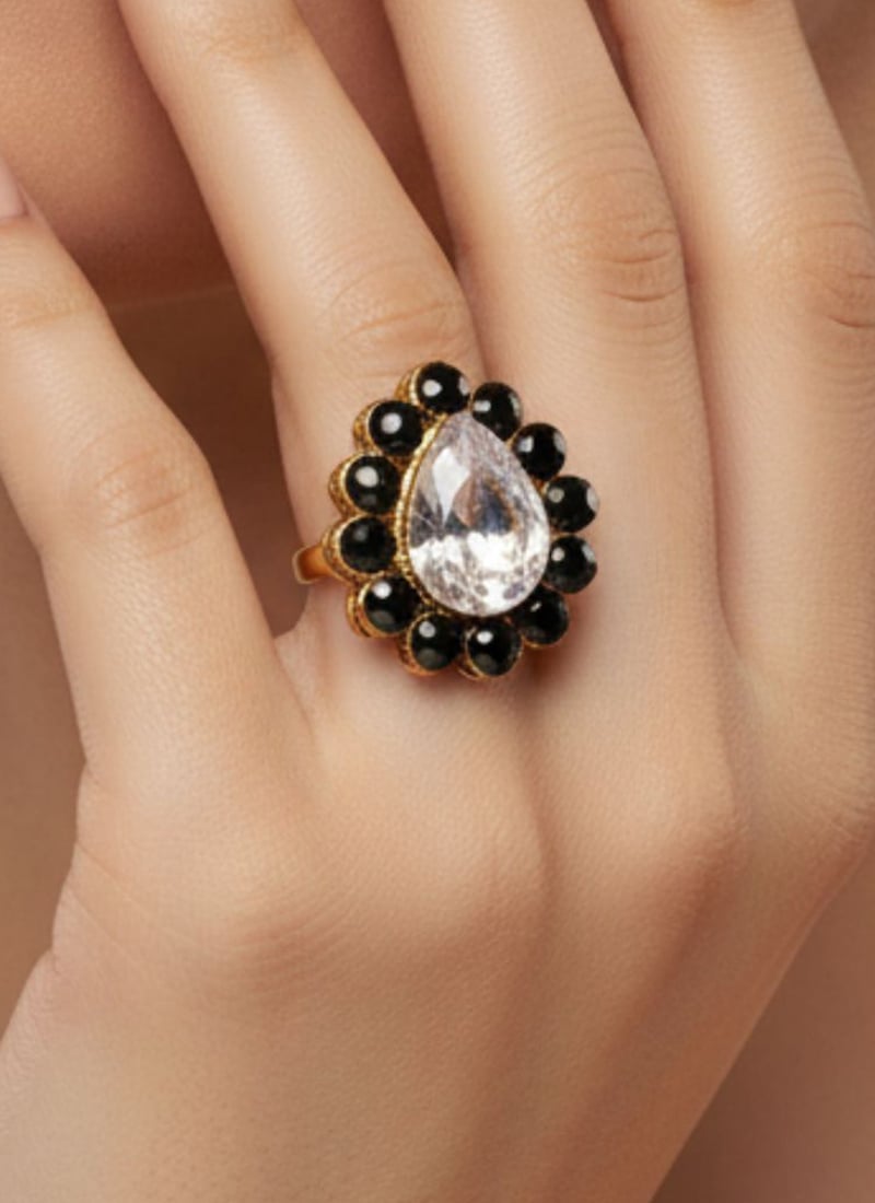 Black Stones Kundan Ring Festive Wear
