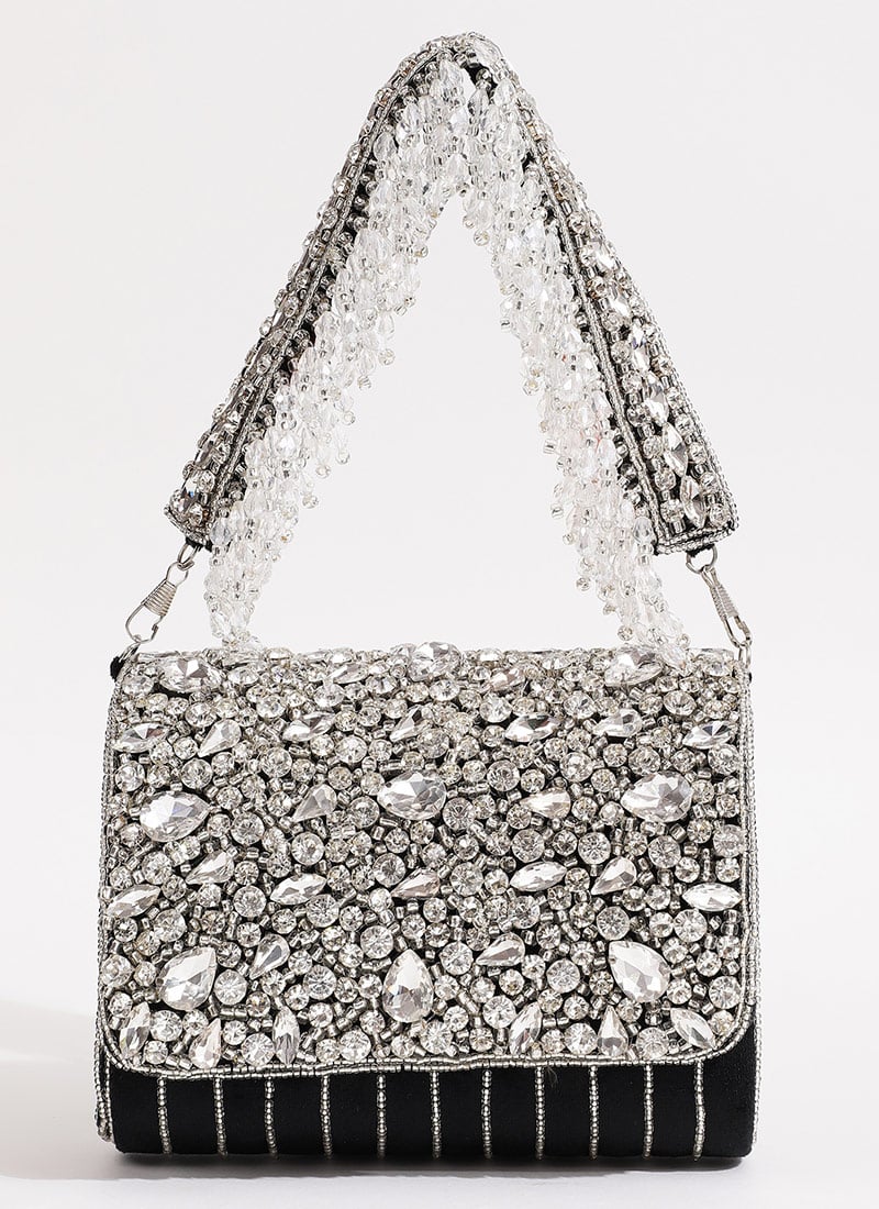 Black Suede Clutch Embossed With Crystals And Stones Party Wear