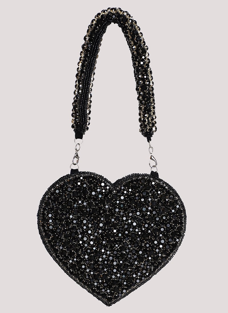 Black Suede Heart Shaped Clutch Embossed With Beads And Stones Party Wear