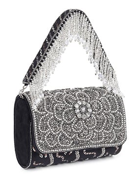Black Suede Kundan With Beads Sequins Sling Bag