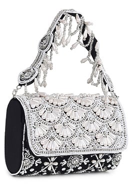 Black Suede Kundan With Stones Moti Sequins Sling Bag