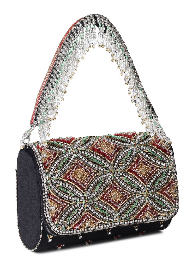 Black Suede Kundan Work Stone And Beads Embossed Sling Bag Wedding Wear