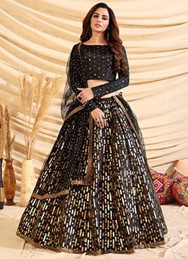 Black Tafetta Silk Foil Print Umbrella Lehenga