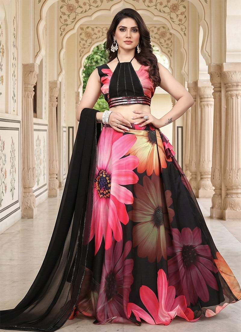 Black Tebby Soft Organza Digital Print Lehenga After Six Wear
