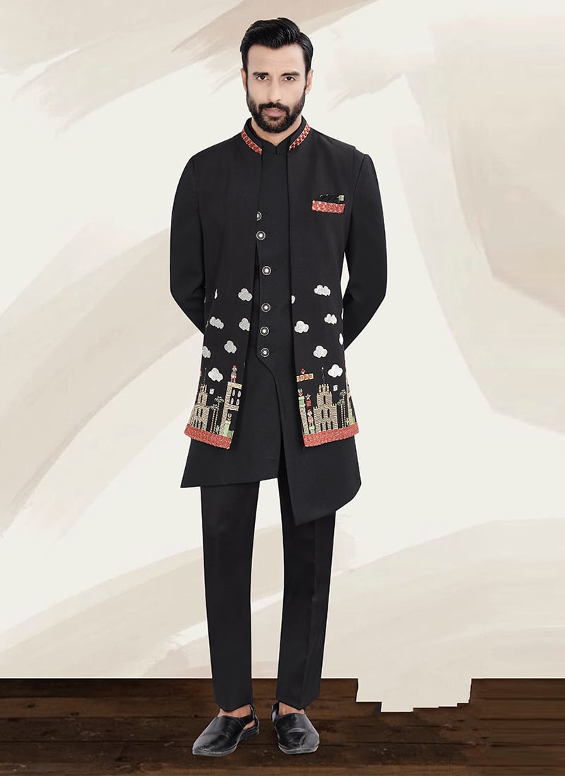 Black Terry Rayon Embroidered Indowestern Jacket Sherwani For Men Wedding Wear