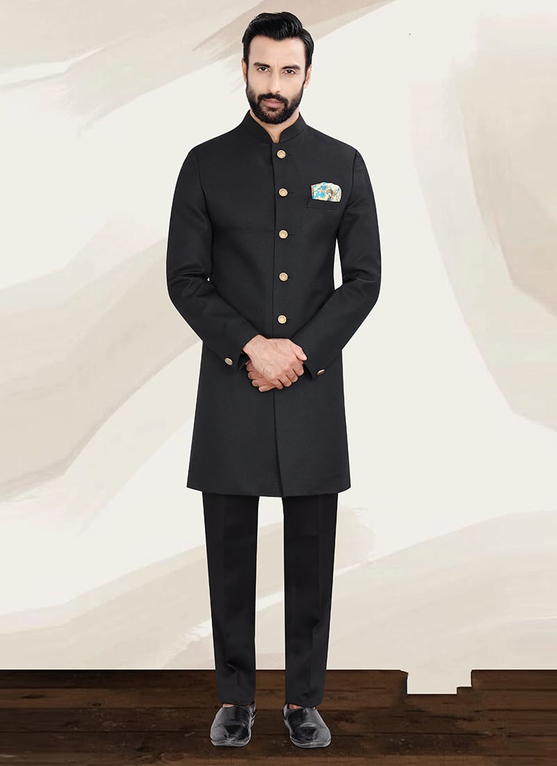 Black Terry Rayon Embroidered Sequins Indowestern Jacket Sherwani For Men Wedding Wear