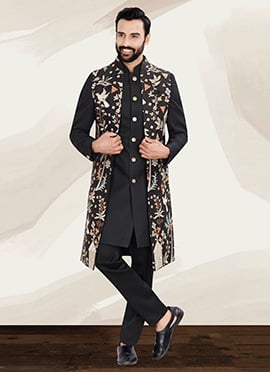 Black Terry Rayon Embroidered Sequins Indowestern Jacket Sherwani For Men