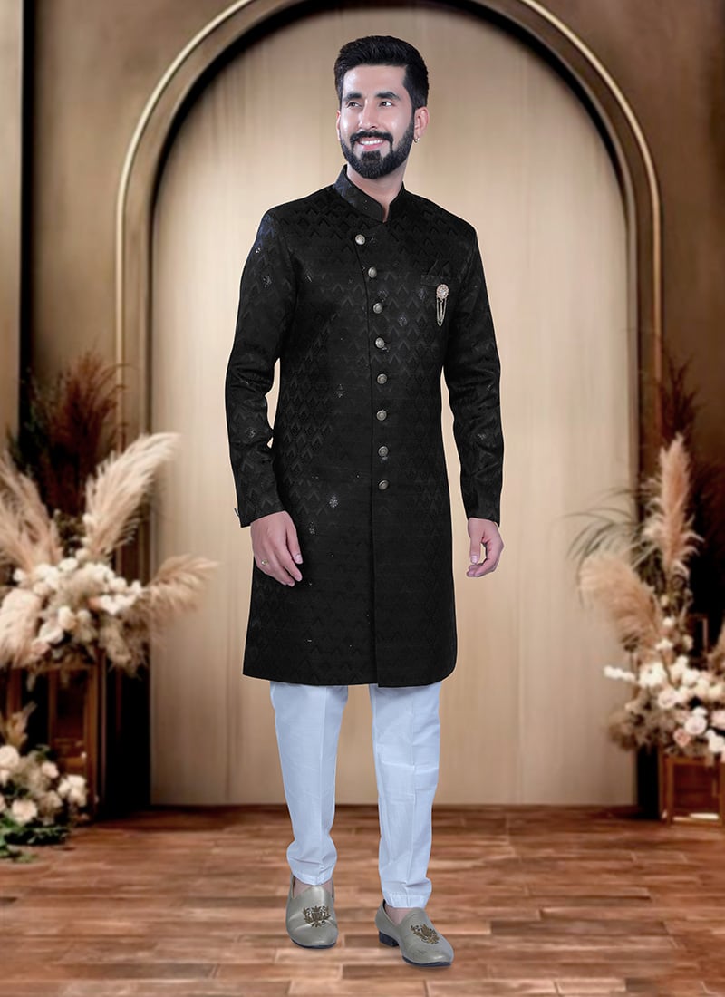 Black Terry Rayon Sequins Work Indowestern Sherwani For Men Wedding Wear