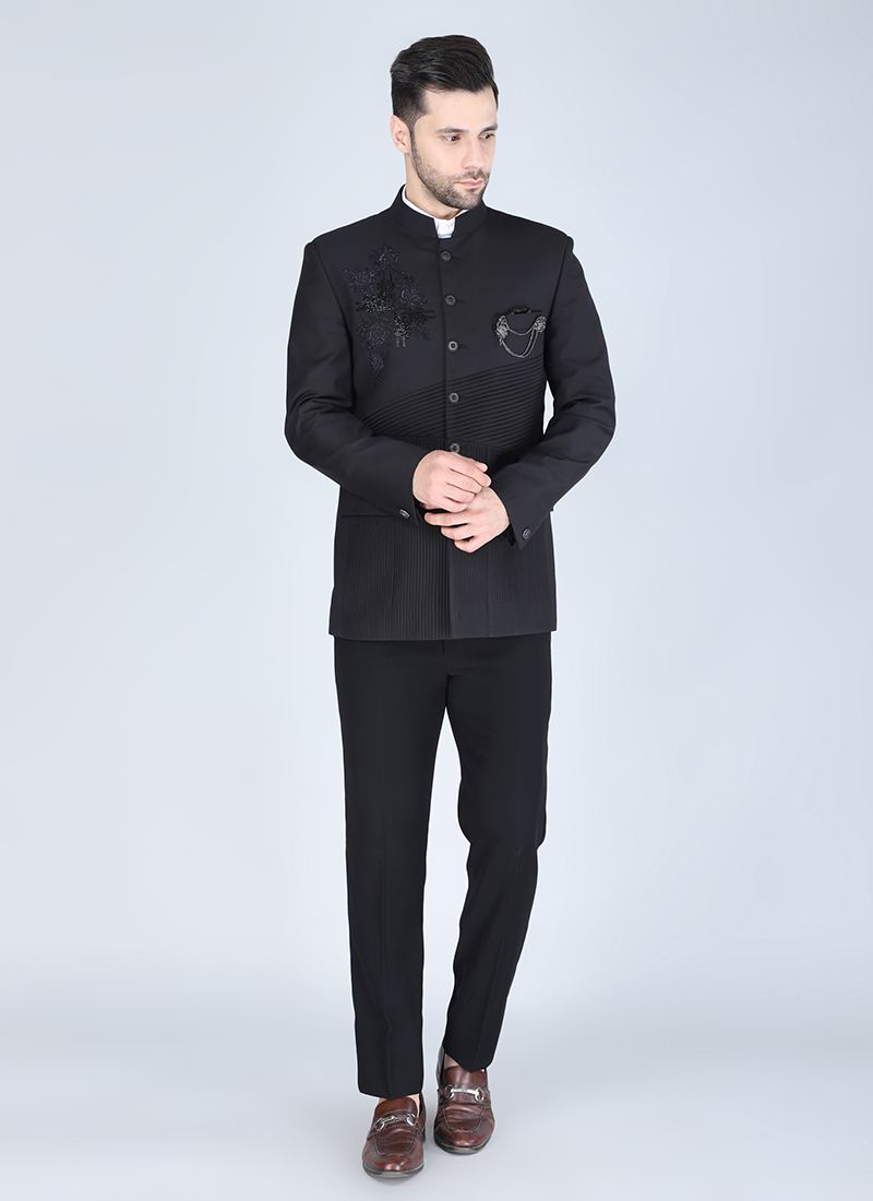 Black Terry Rayon Zardosi Beads Bandhgala Suit Wedding Wear