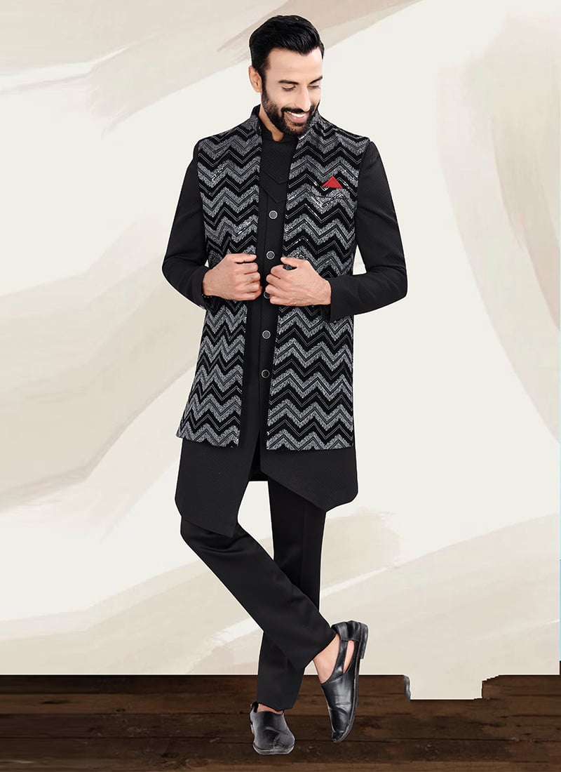 Black Terry Rayon Zari Embroidered Sequins Indowestern Jacket Sherwani For Men Wedding Wear