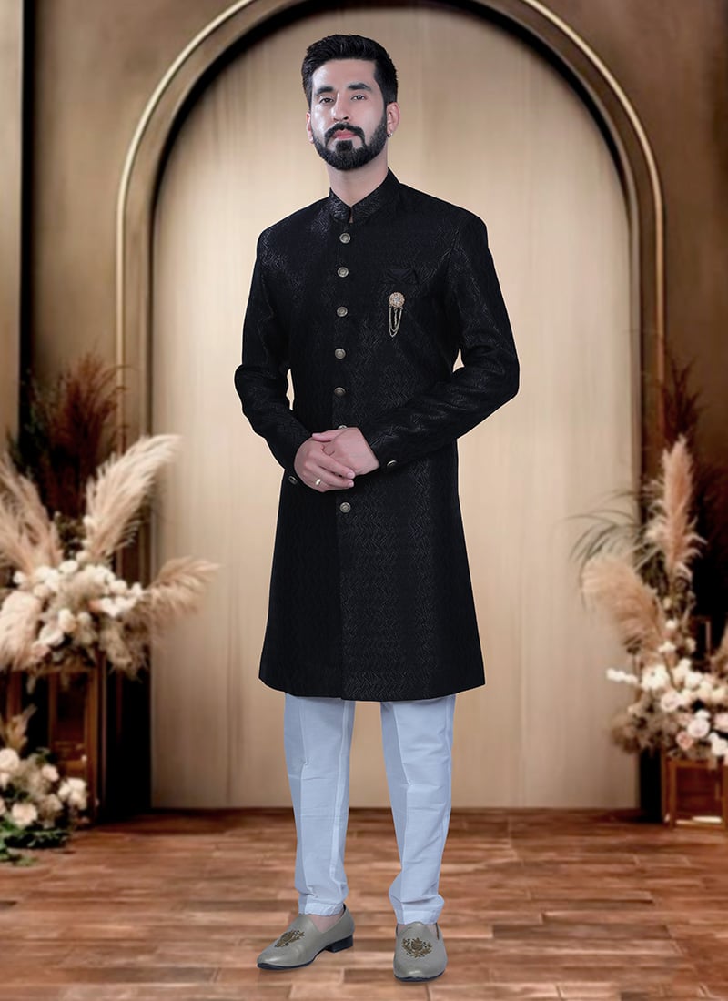 Black Terry Rayon Zari Indowestern Sherwani  For Men Wedding Wear