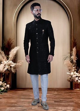 Black Terry Rayon Zari Work Indowestern Sherwani  For Men