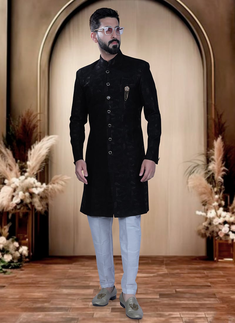 Black Terry Rayon Zari Work Indowestern Sherwani  For Men Wedding Wear