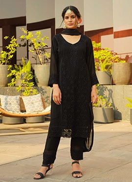 Black Thread Cut Dana Hand Work Georgette Chic Straight Pant Suit