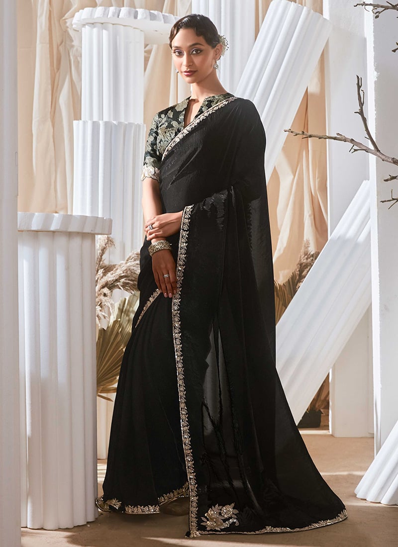 Black Tissue Embroidered Sequins Saree With Digital Print Blouse Festive Wear