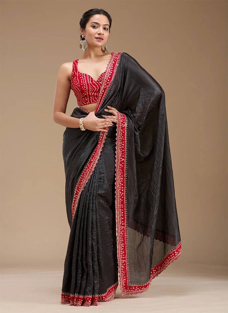 Black Tissue Silk Cutdana Bandhini Print Saree Border After Six Wear