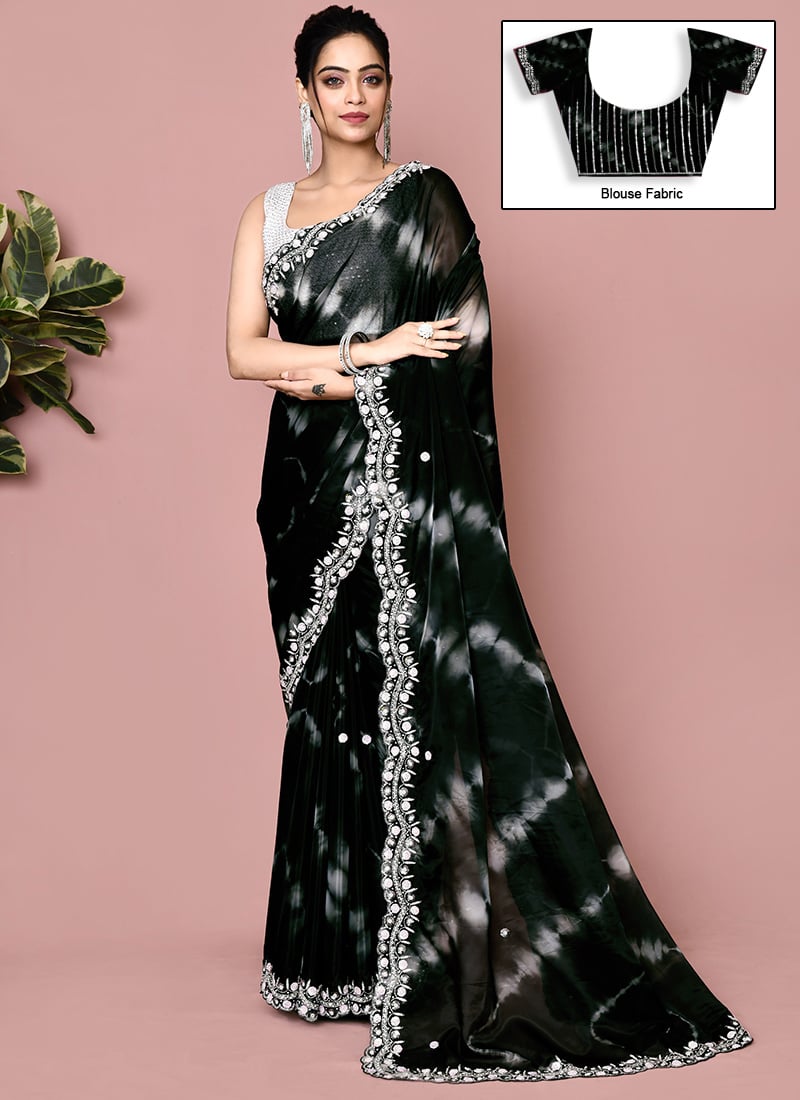 Black Tissue Silk Hand Embroidered Saree Wedding Wear