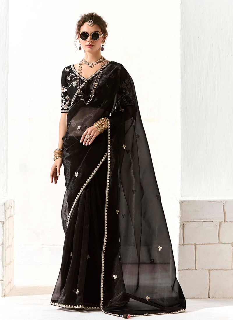 Black Tissue Zari Hand Embroidered Sequins Saree Wedding Wear