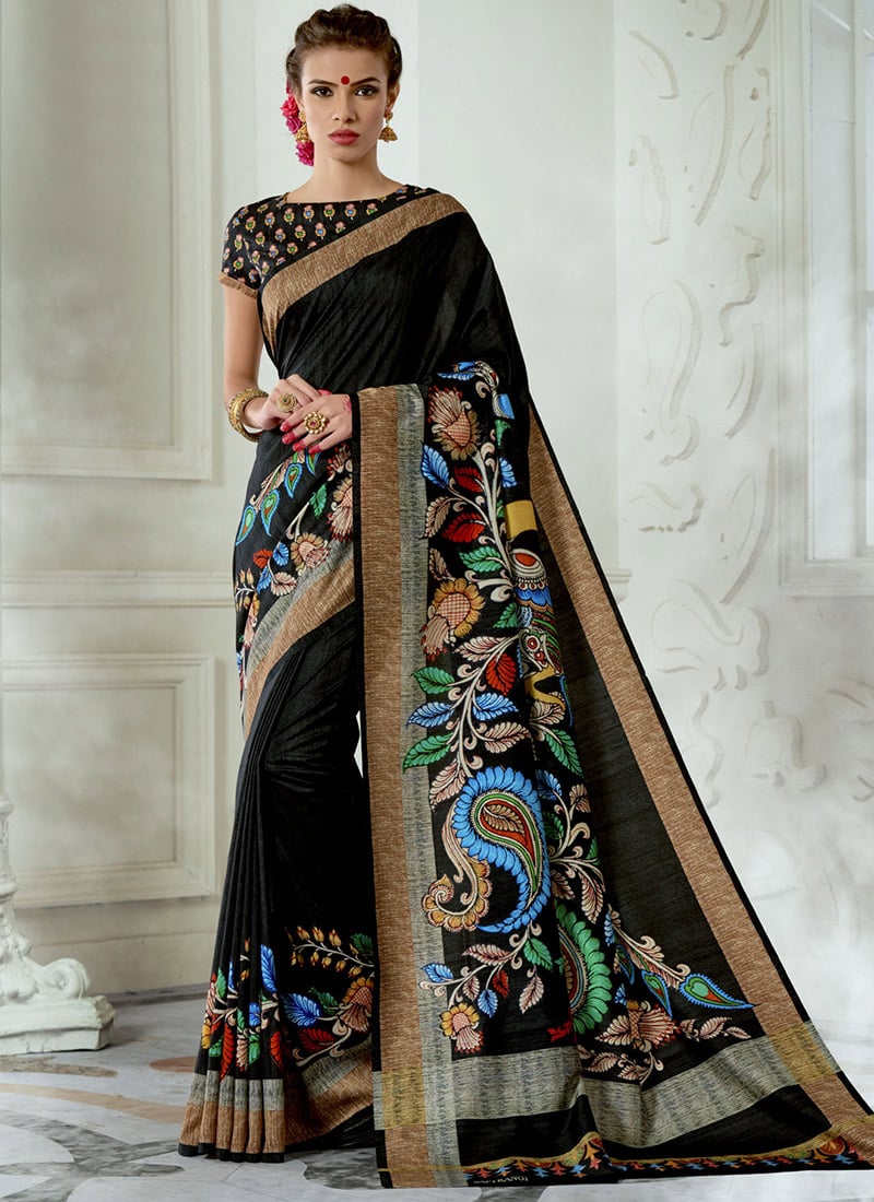 Buy Black Tussar Art Silk Saree, Tussar, sari Online Shopping SASJSSB1404