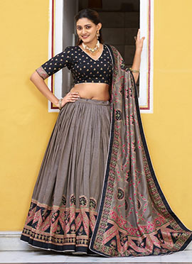 Black Tussar Silk Foil Print Lehenga