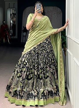 Black Tussar Silk Kalamkari Print Lehenga