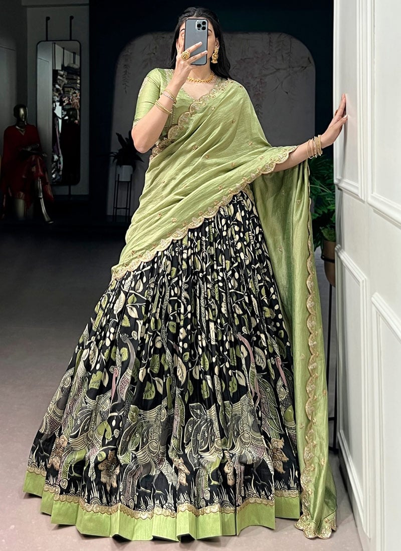 Black Tussar Silk Kalamkari Print Lehenga Festive Wear