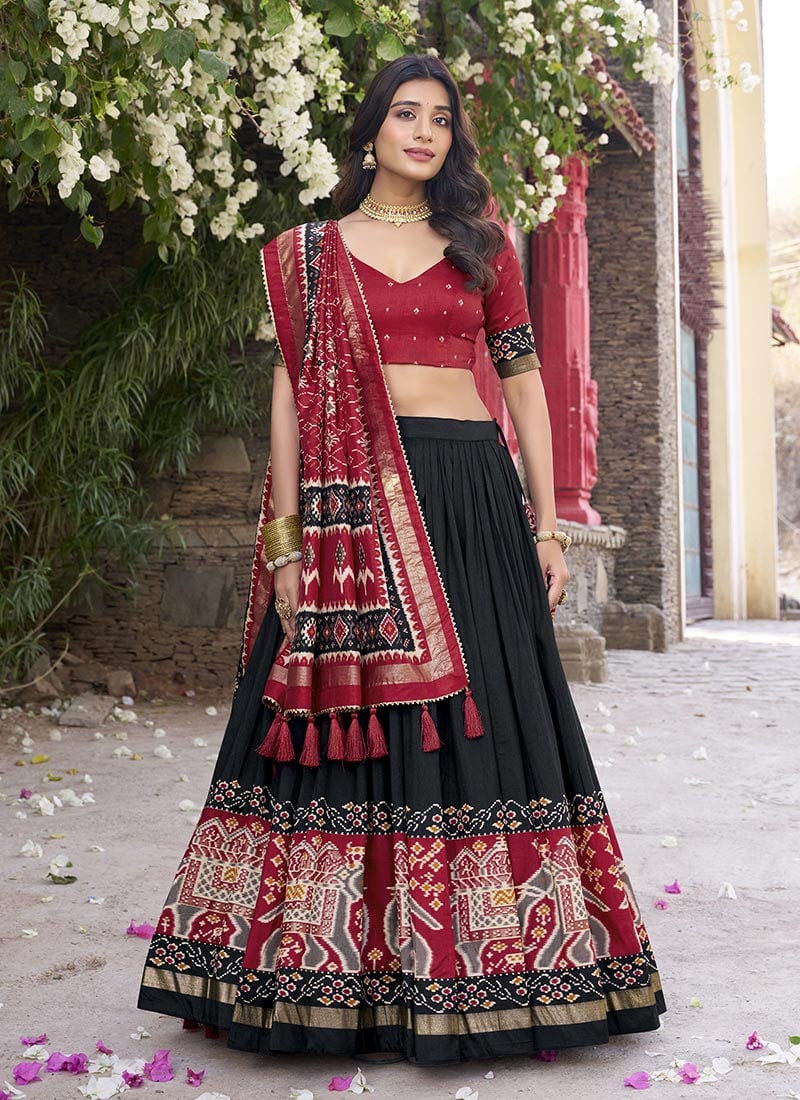 Black Tussar Silk Zari Patola Print Umbrella Lehenga