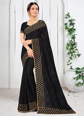 Black Two Tone Vichitra Silk Embroidered N Stones Saree
