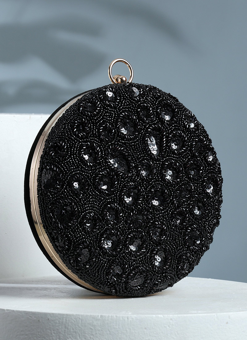 Black Valvet Sequins Clutch With Cut Dana Work Party Wear