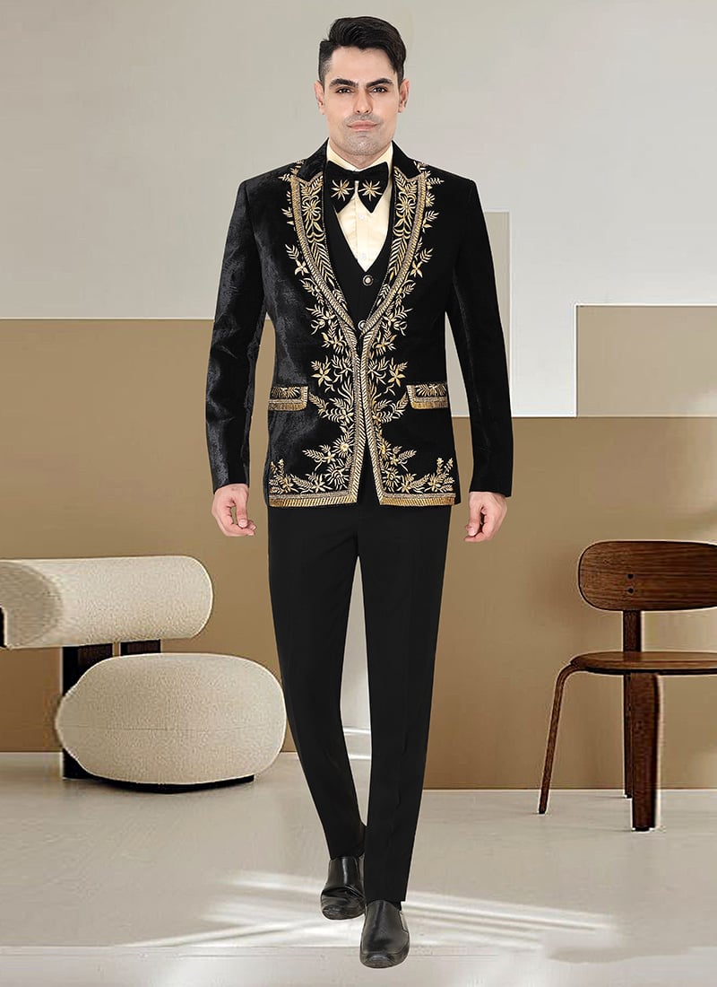 Black Velvet Armani Satin Silk Beads Embroidered Suit