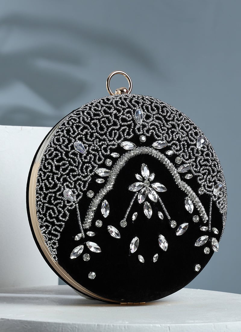 Black Velvet Beads Clutch With Cut Dana Work Party Wear