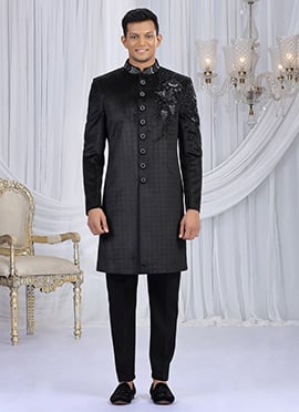 Black Velvet Beads Sequins Zardosi Hand Embroidered Cutdana Indowestern Sherwani Wedding Wear